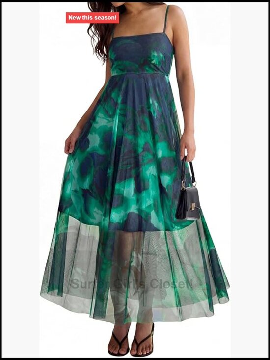 Dresses & Skirts - Spaghetti Strap Smocked Backless Mesh Maxi Dress Flowy Boho Wedding Guest